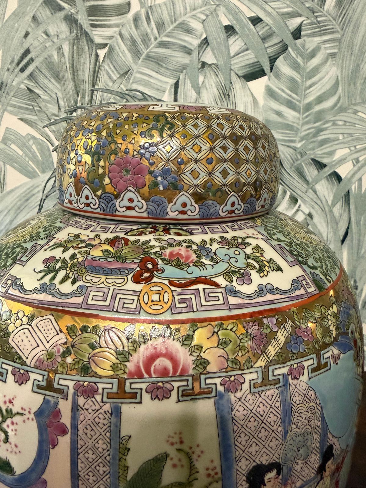 Large China 1940s Vase With Gold Decorative Flowers And Characters Art Deco photo vintage