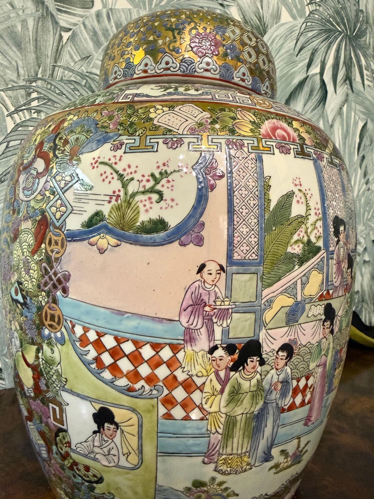 photo furniture Large China 1940s Vase With Gold Decorative Flowers And Characters Art Deco