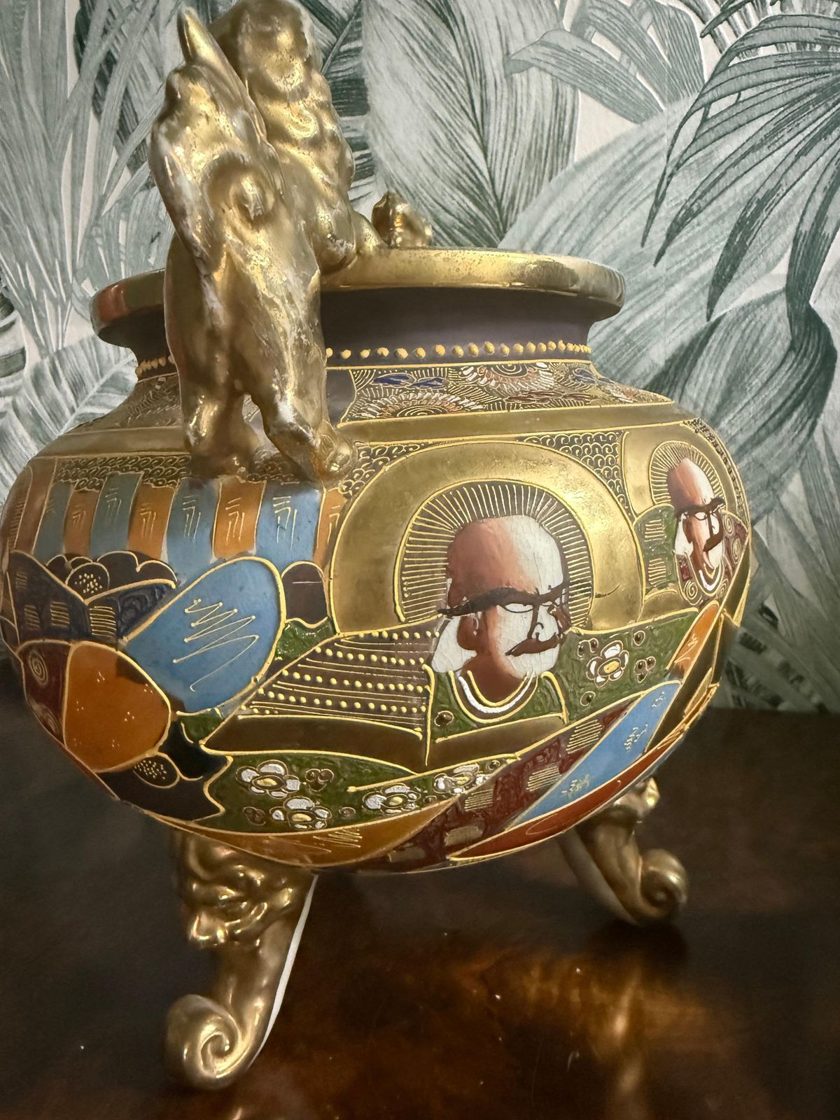 Satsuma Style Lidded Vase China Gold Background With Lions In The Handles And Lid photo vintage