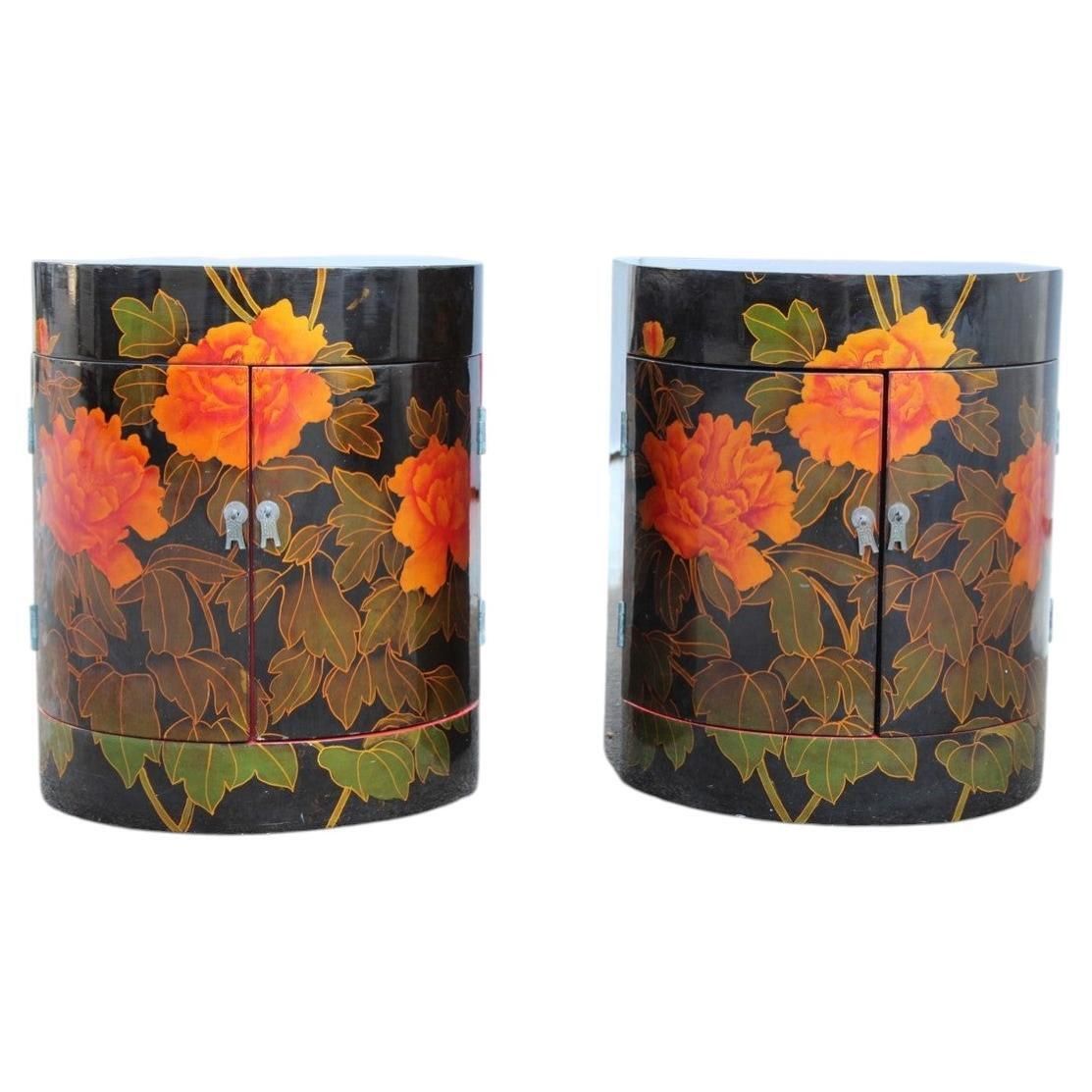 Pair Of Decorative Chinese Lacquer Nightstands With Red Flowers 1960 Black Ground