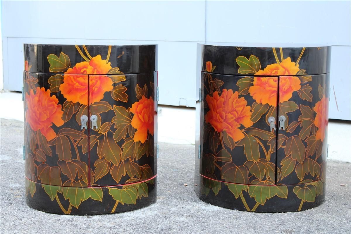 Pair Of Decorative Chinese Lacquer Nightstands With Red Flowers 1960 Black Ground photo furniture