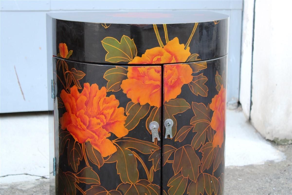Pair Of Decorative Chinese Lacquer Nightstands With Red Flowers 1960 Black Ground photo Furniture