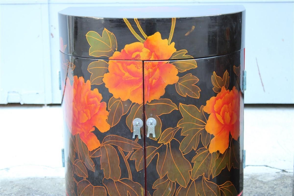 Pair Of Decorative Chinese Lacquer Nightstands With Red Flowers 1960 Black Ground photo 2612.0