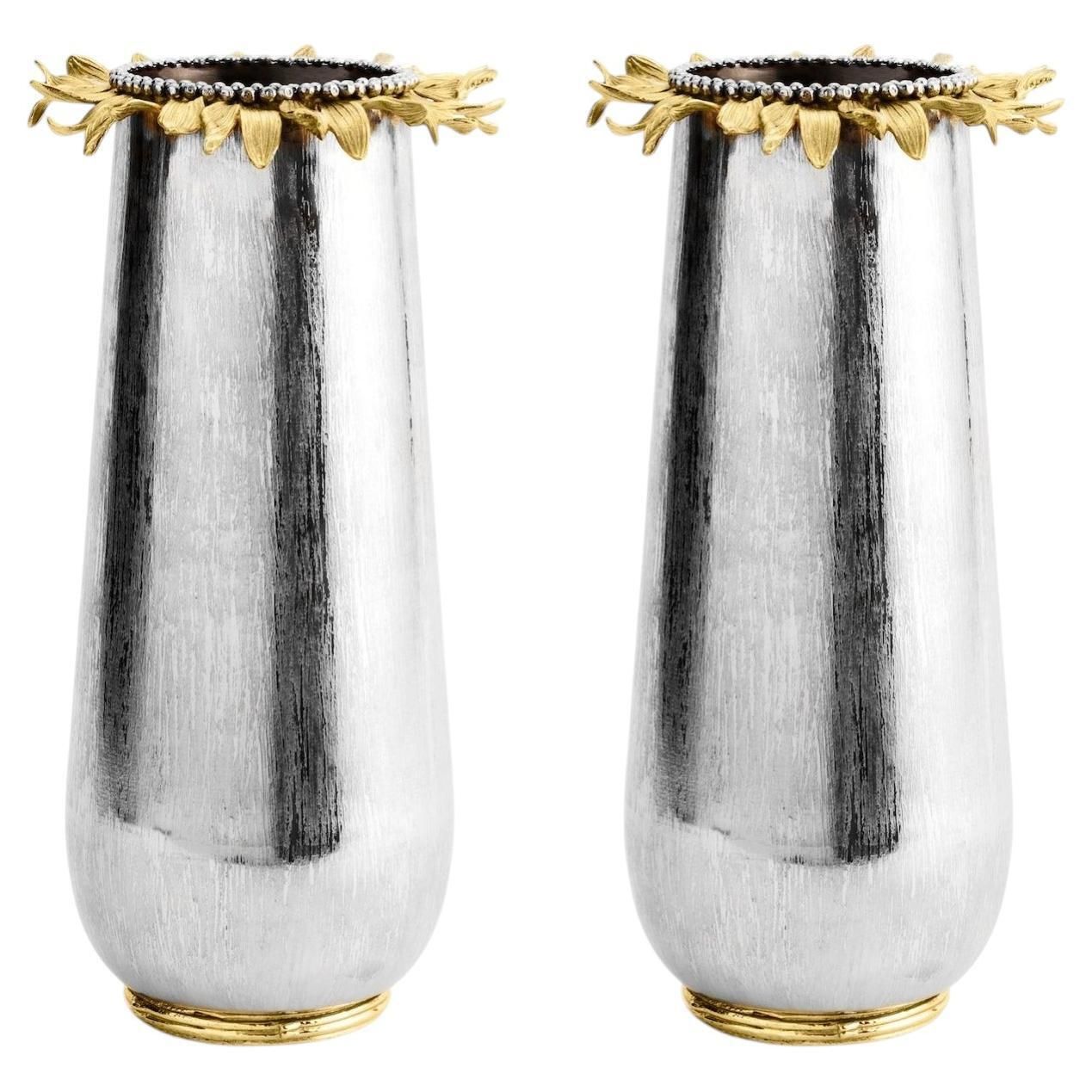 Pair Of Large Contemporary Silver Metal Sunflower Vase With Gold Detail