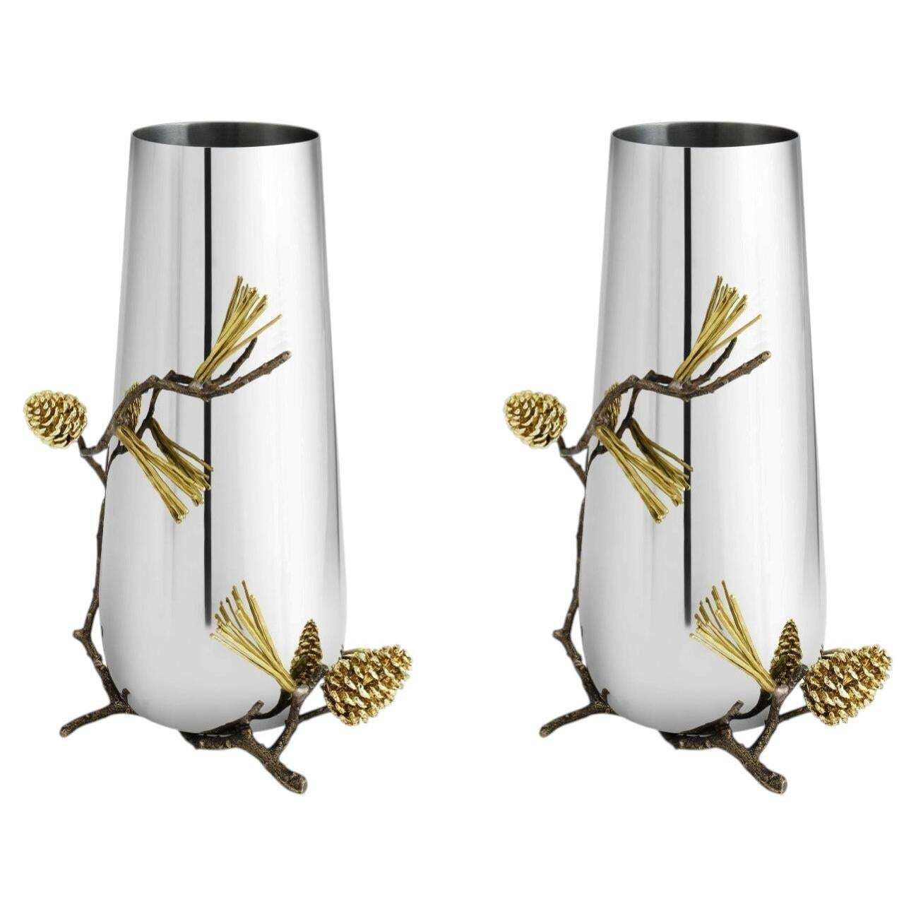 Pair Of Contemporary Silver Metal Pine Cone Vase With Gold Detail