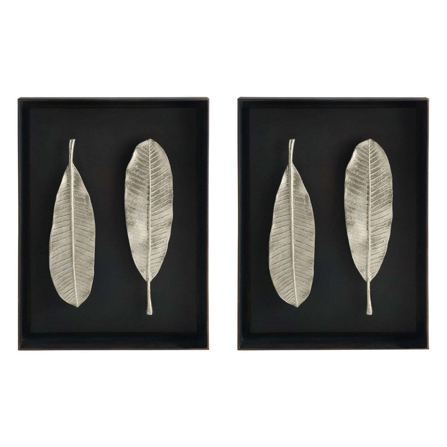 Pair Of Champa Leaf Shadow Boxes In Nickel And Aluminum, Contemporary Style
