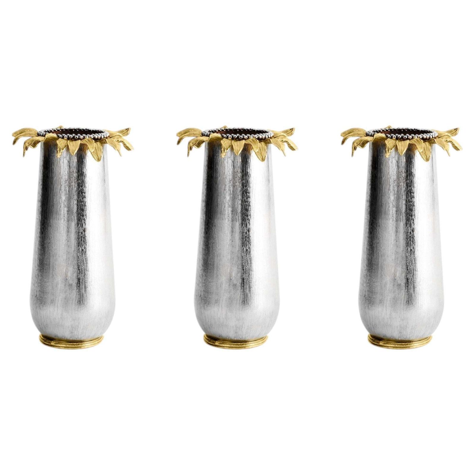 Set Of 3 Medium Contemporary Silver Metal And Gold Sunflower Vase