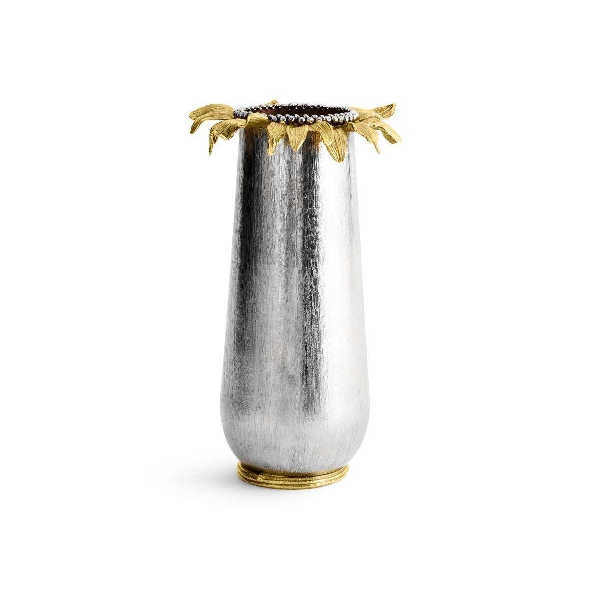 Set Of 3 Medium Contemporary Silver Metal And Gold Sunflower Vase photo for sale
