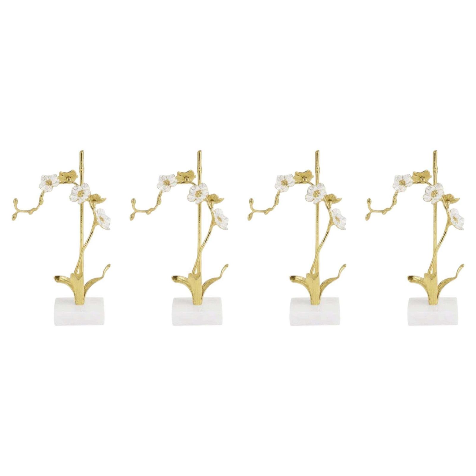 Set Of 4 Orchid Sculptures In Brass, White Enamel And Marble, Contemporary Style