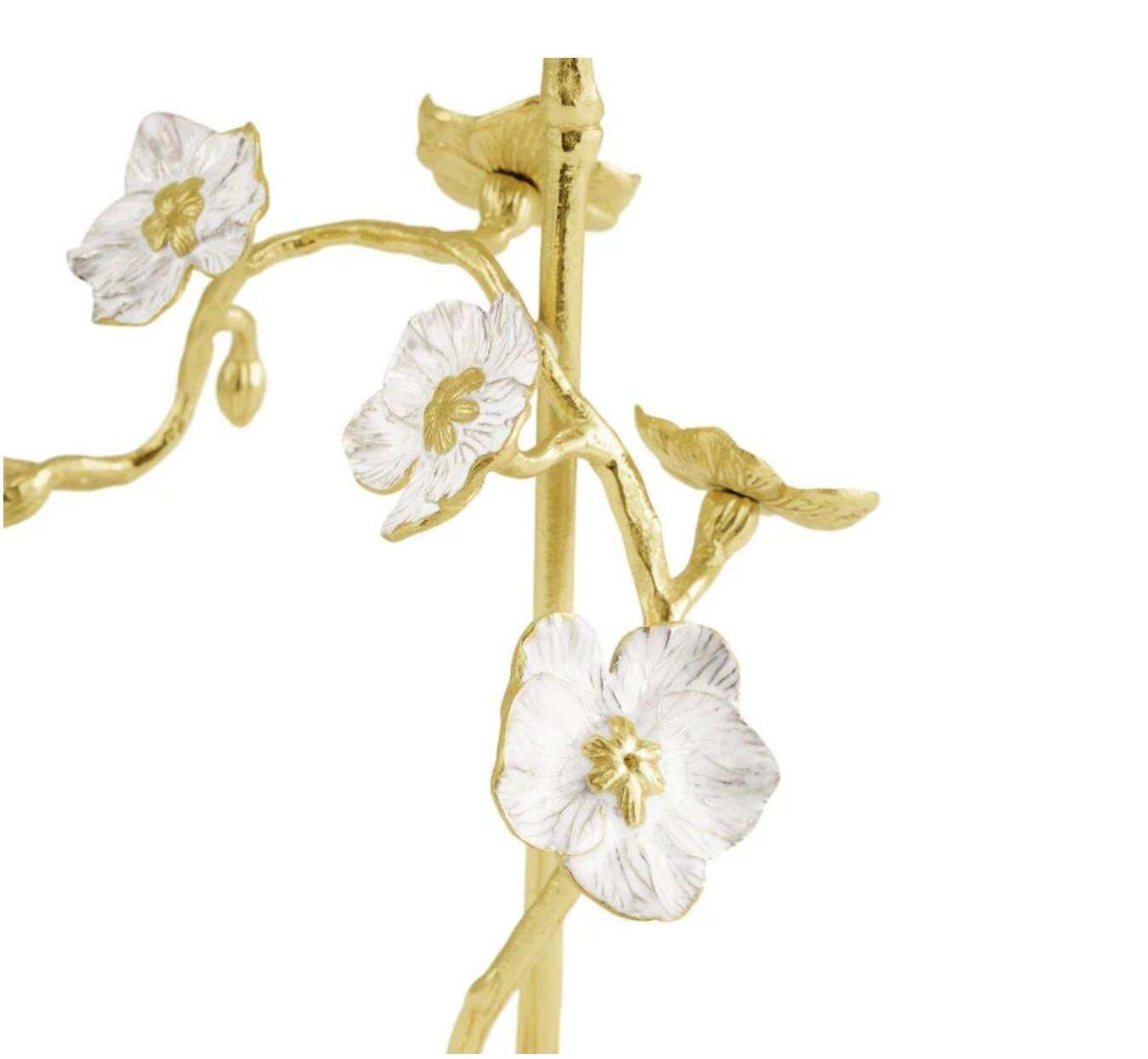 Set Of 4 Orchid Sculptures In Brass, White Enamel And Marble, Contemporary Style photo vinterior