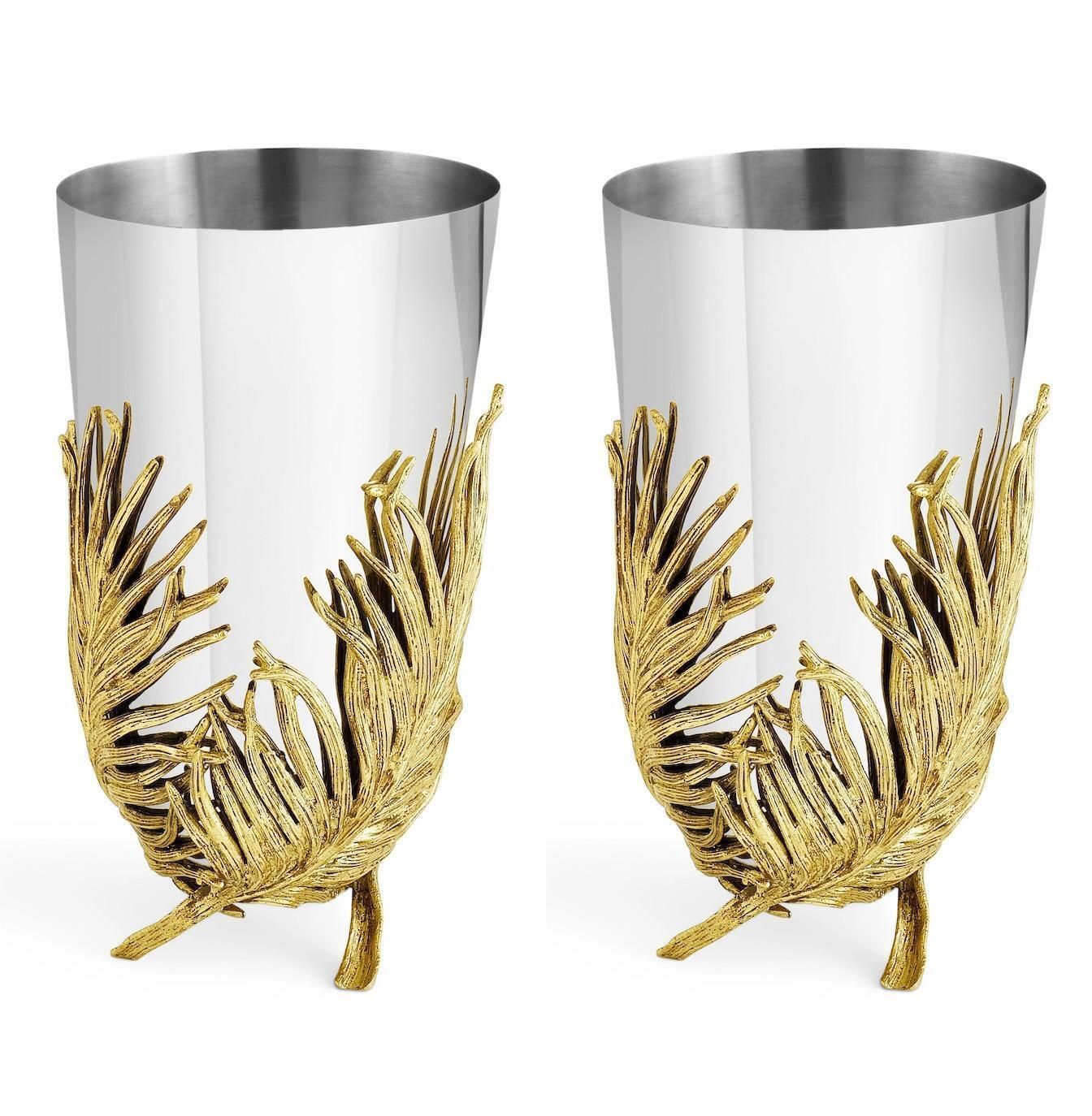 Pair Of Medium Contemporary Silver Metal And Gold Palm Leaf Vase photo 1404.0