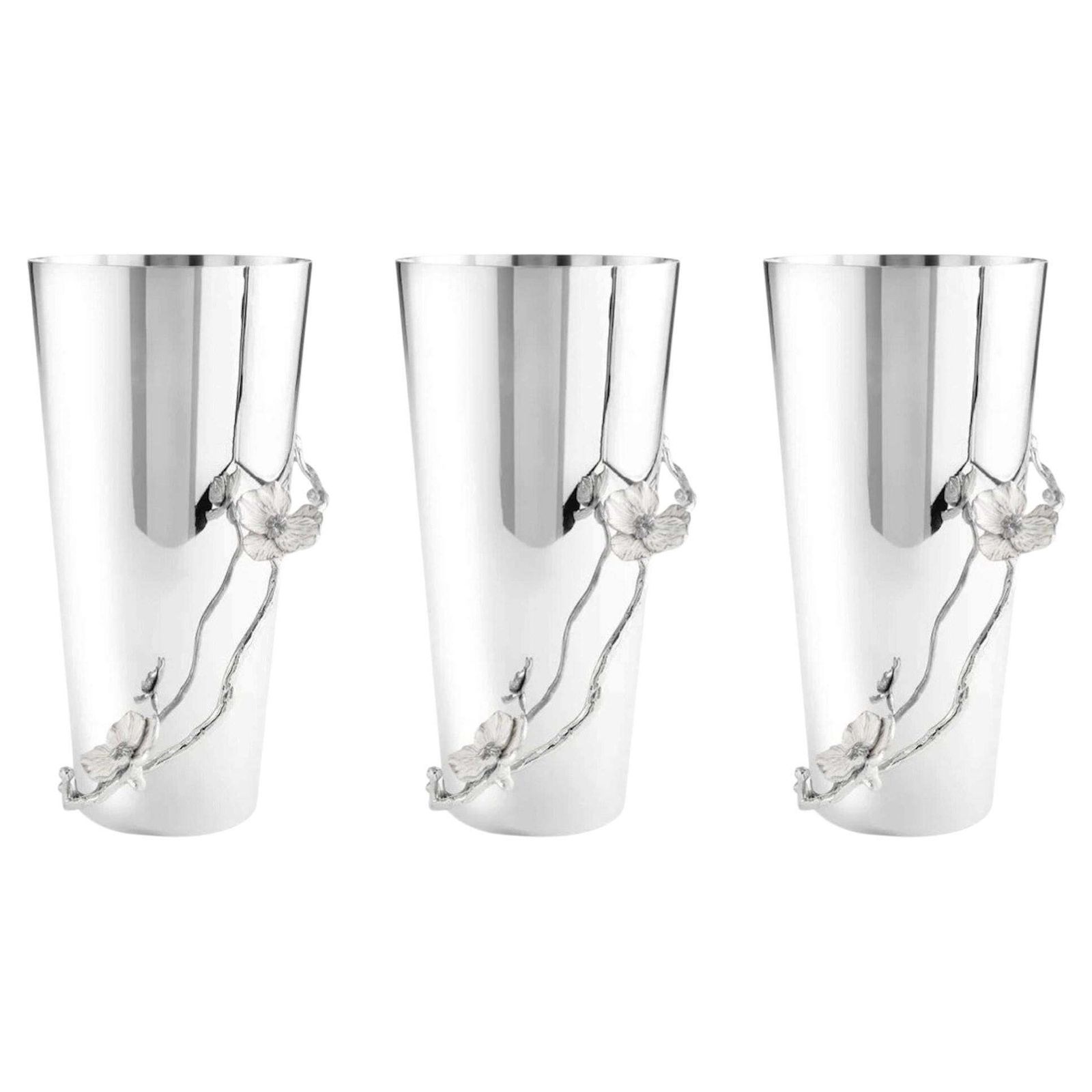 Set Of 3 Large Contemporary Silver Metal Orchid Vase