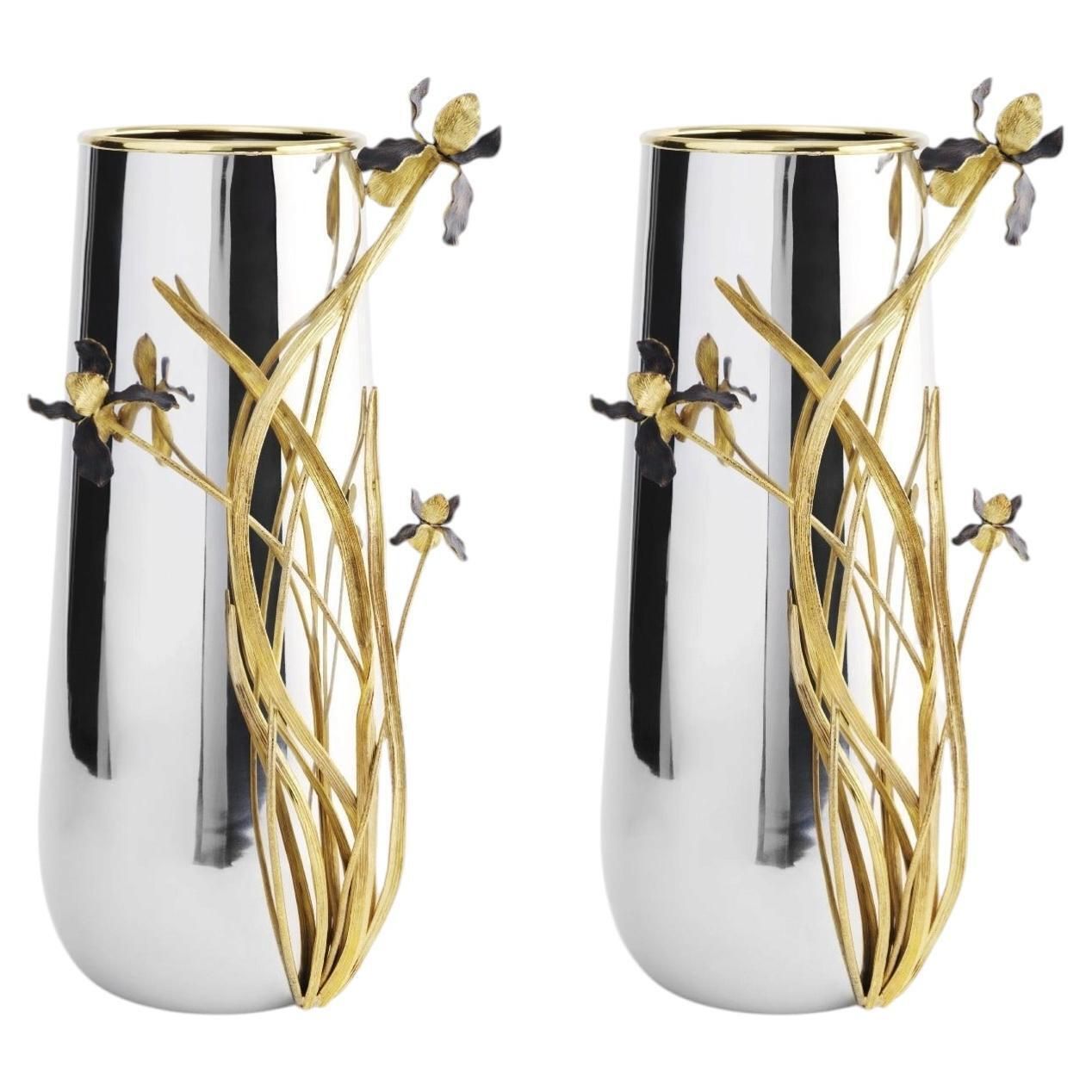 Pair Of Contemporary Iris Vase Centerpiece In Black And Gold Metal