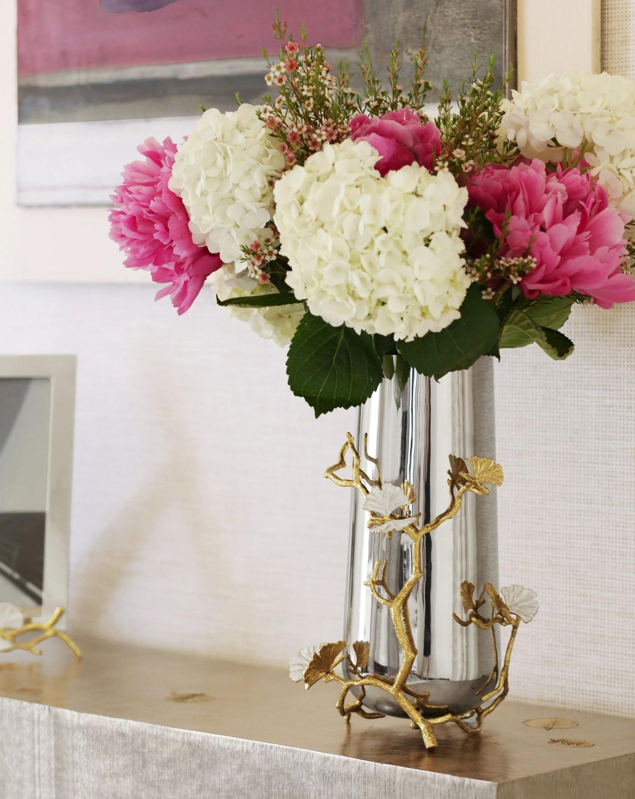 Pair Of Large Contemporary Silver And Gold Metal Butterfly Ginkgo Vase photo furniture