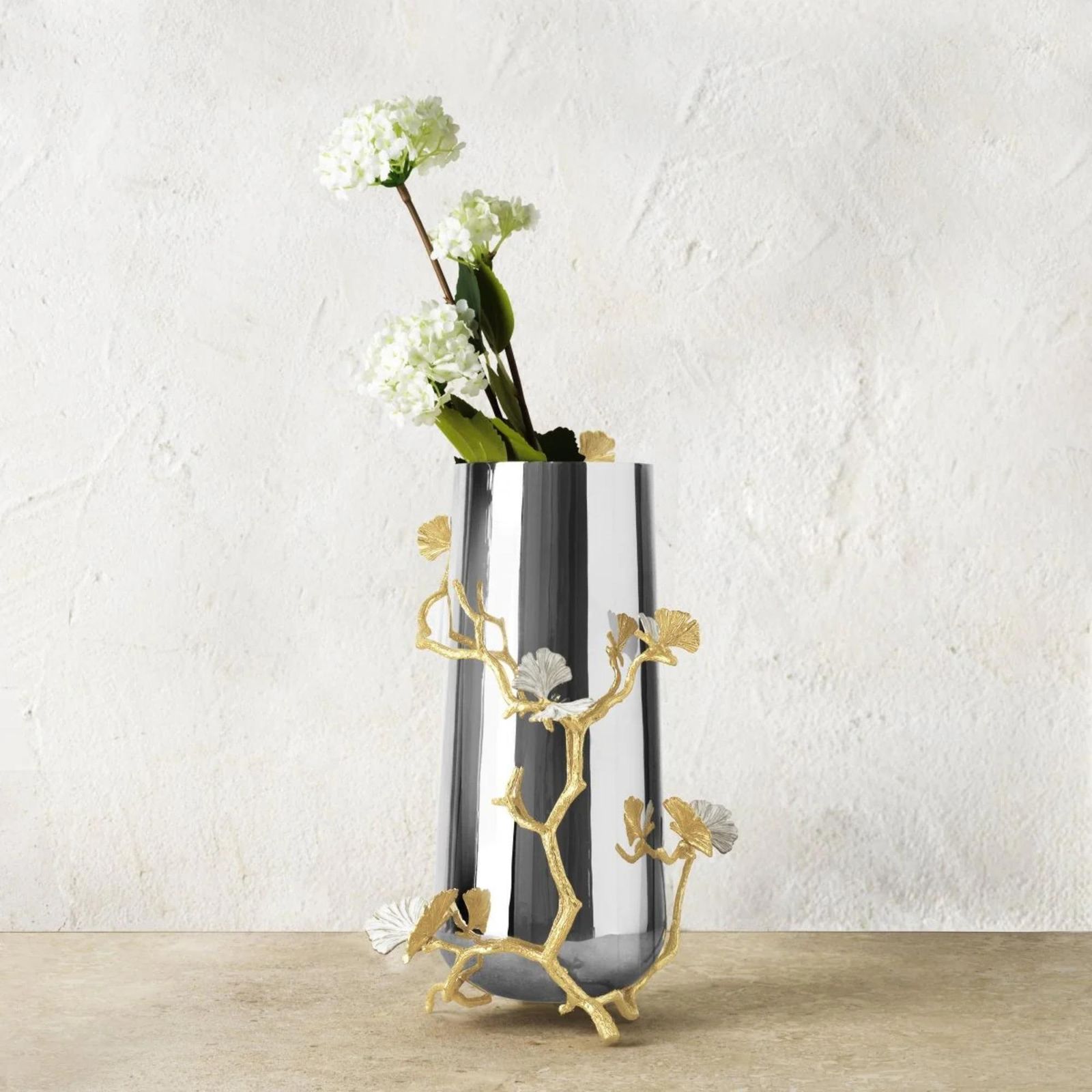 Pair Of Large Contemporary Silver And Gold Metal Butterfly Ginkgo Vase photo vintage
