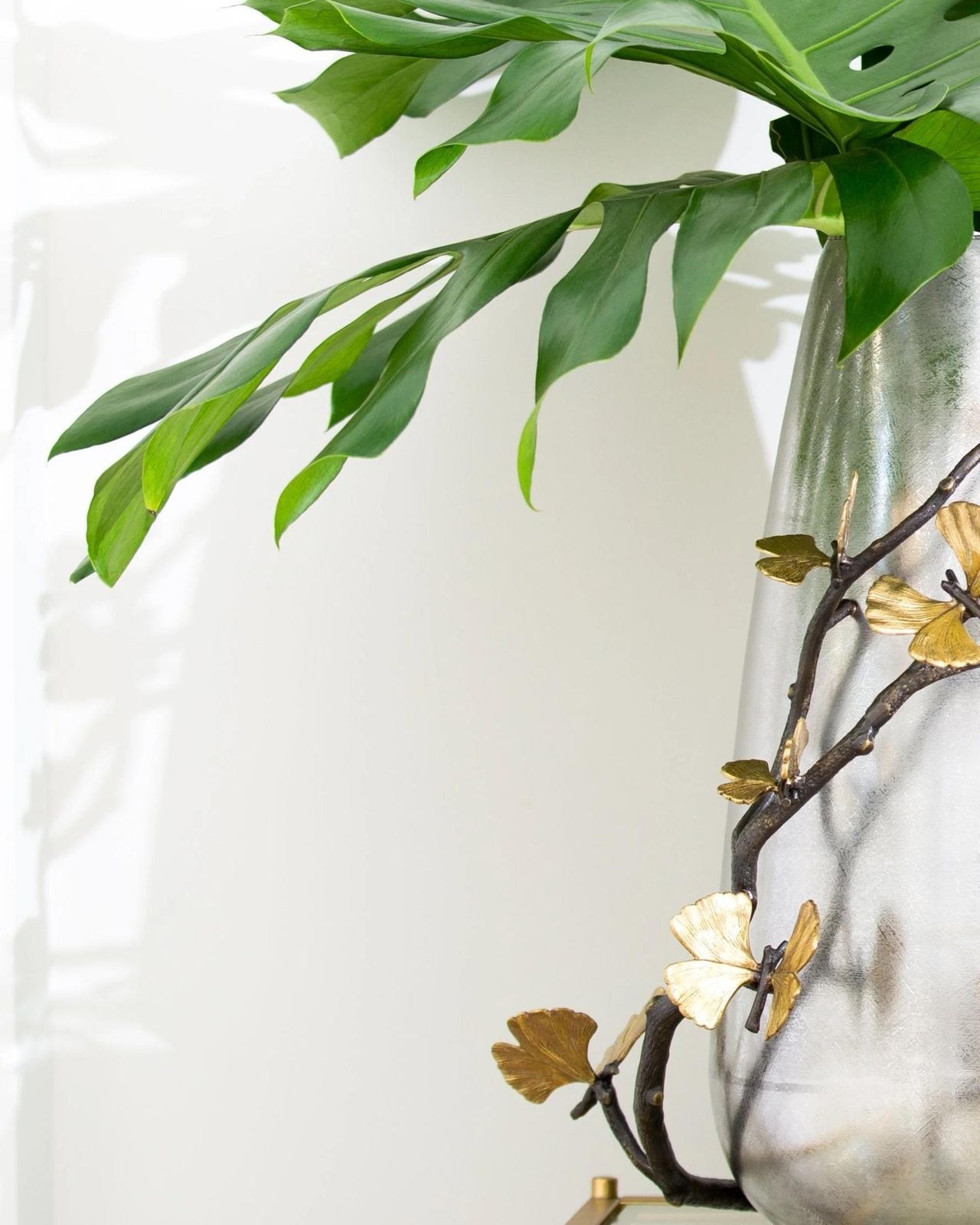 Pair Of Contemporary Silver And Gold Metal Ginkgo Centerpiece Vase photo 4210.0