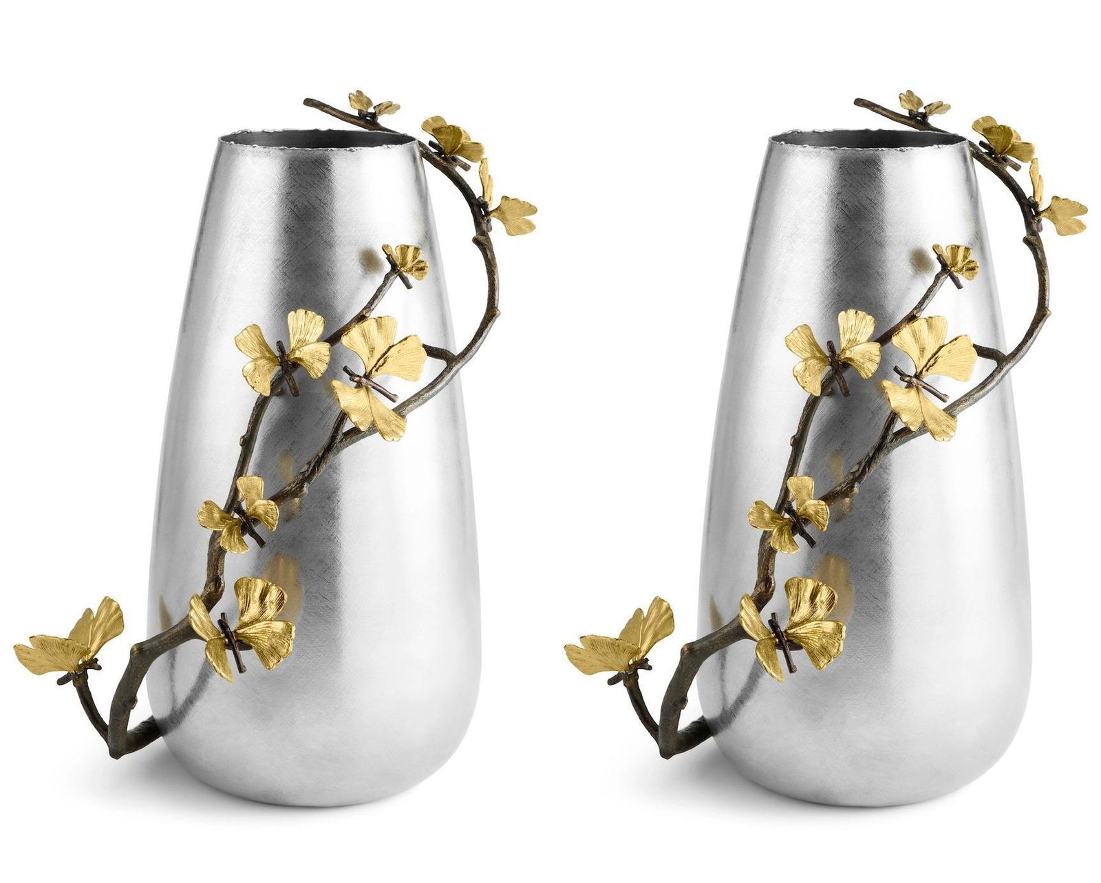 Pair Of Contemporary Silver And Gold Metal Ginkgo Centerpiece Vase photo buy