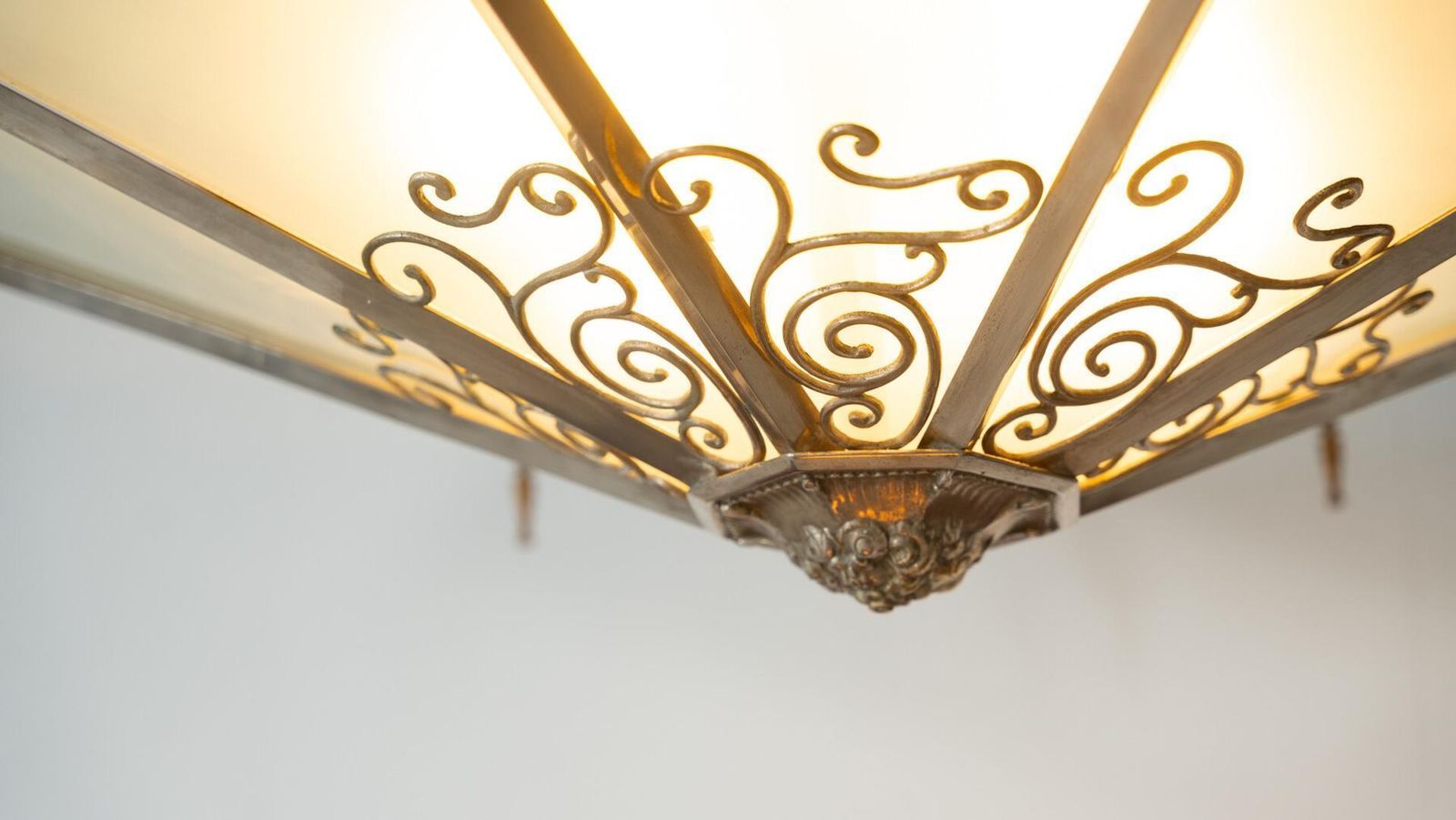 Large Art Deco Ceiling Light, Glass And Metal, France, 1930s photo vintage