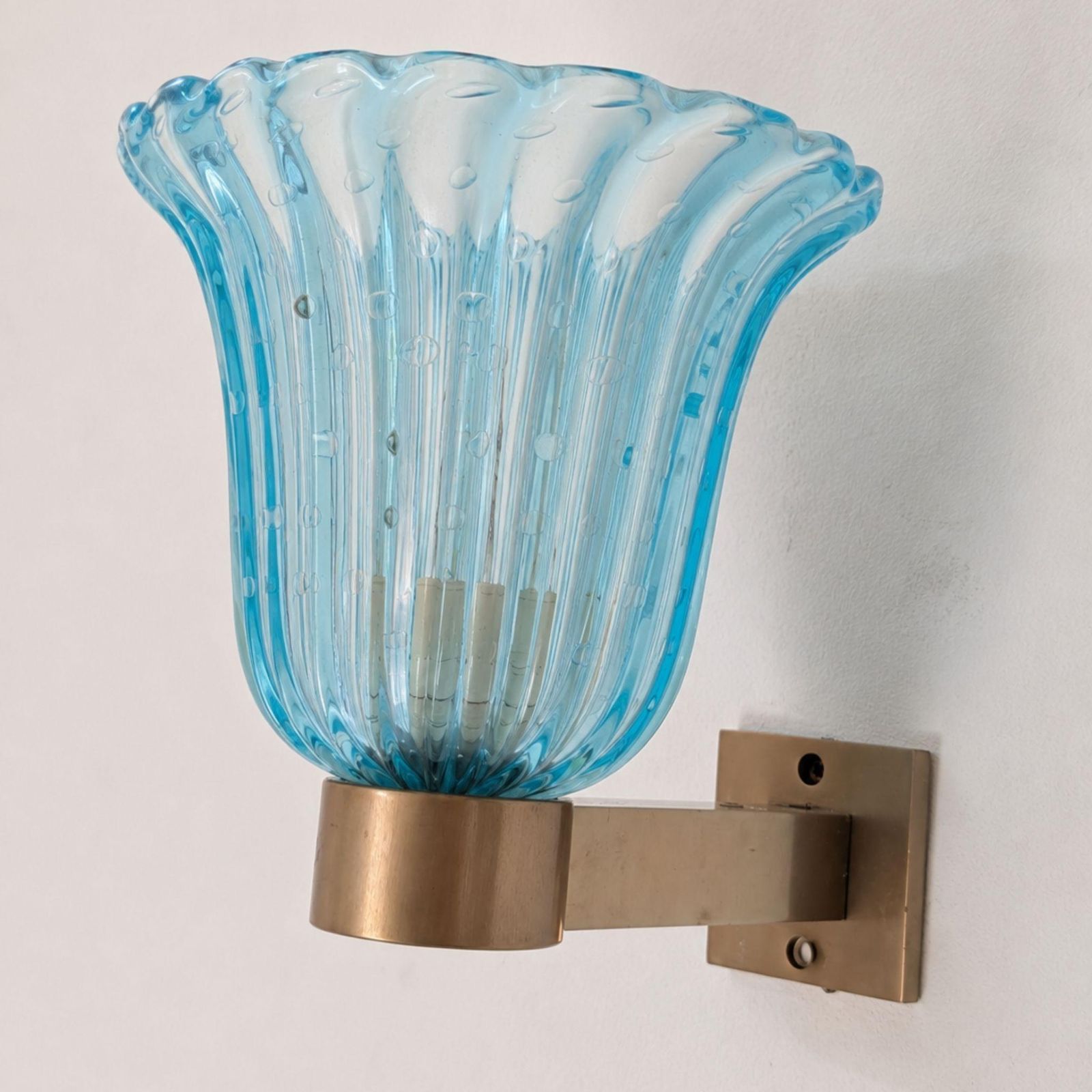 Mid Century Modern Blue Sconces Murano Glass Brass Wall Lights By Barover & Toso photo for sale