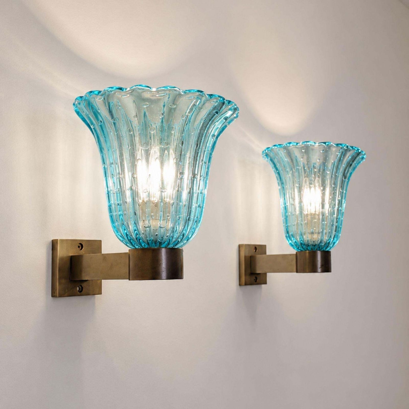 Mid Century Modern Blue Sconces Murano Glass Brass Wall Lights By Barover & Toso photo buy