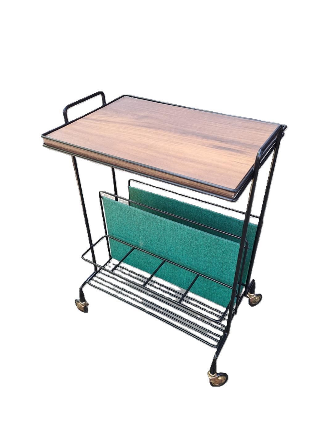 Side Table With Magazine Rack On Casters In Metal And Veneer, 1960s
