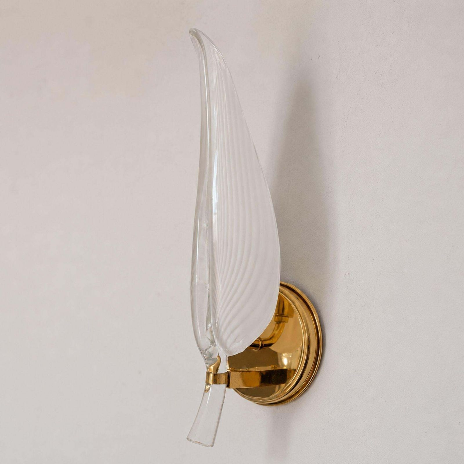 Pair Wall Lights Murano Glass Leaf Sconces Brass By Franco Luce, Italy, 1970s photo 1123.0