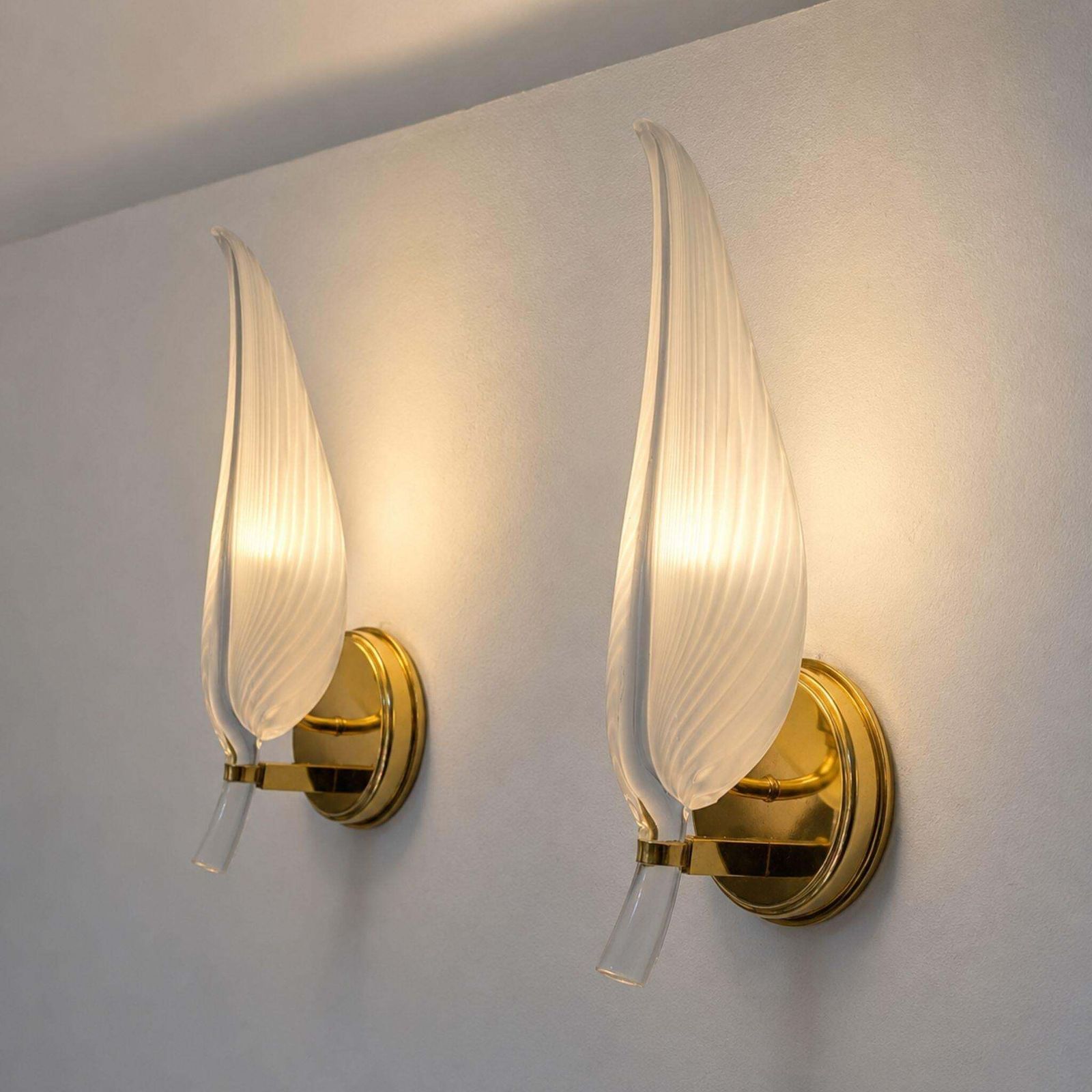 Pair Wall Lights Murano Glass Leaf Sconces Brass By Franco Luce, Italy, 1970s photo buy