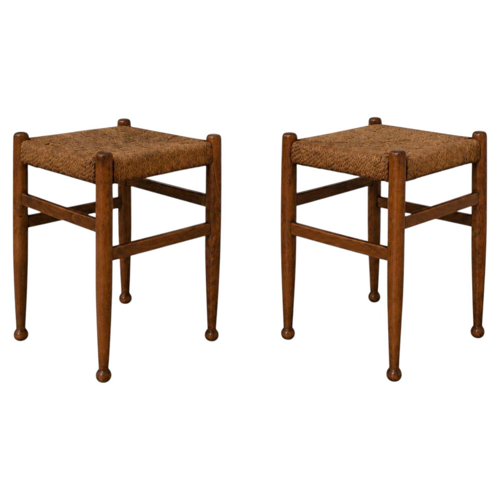 Mid Century Modern Stools Charlotte Perriand Style Wood And Woven Rope, 60s