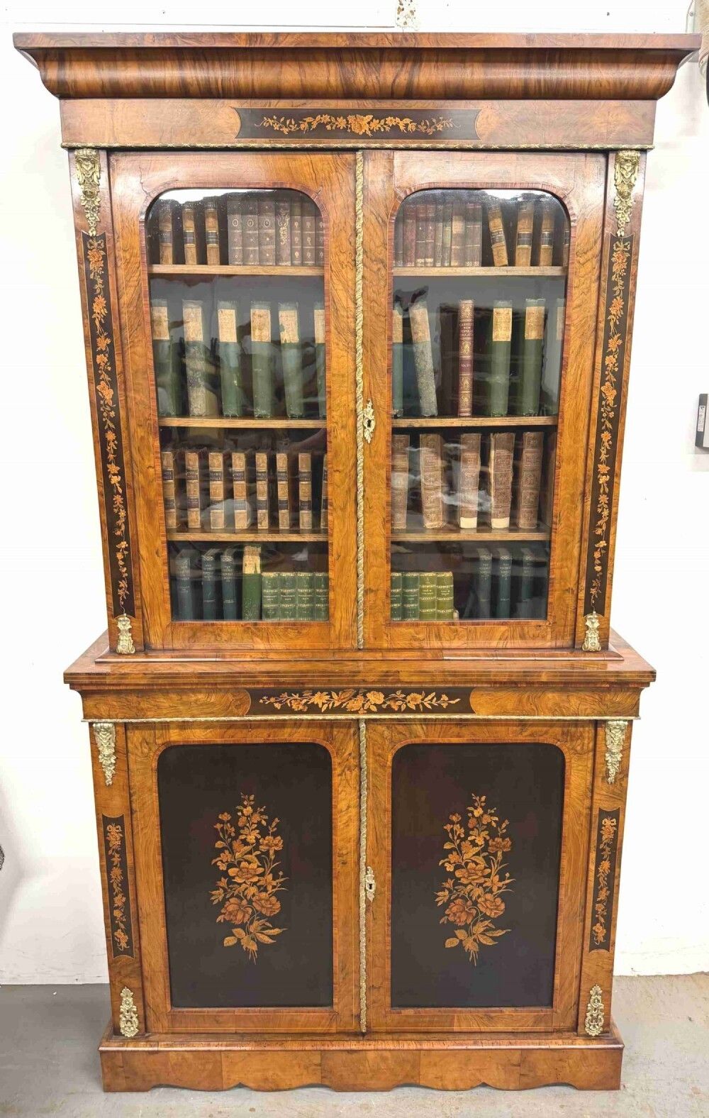 Superb Victorian Walnut & Marquetry Inlaid Bookcase photo furniture