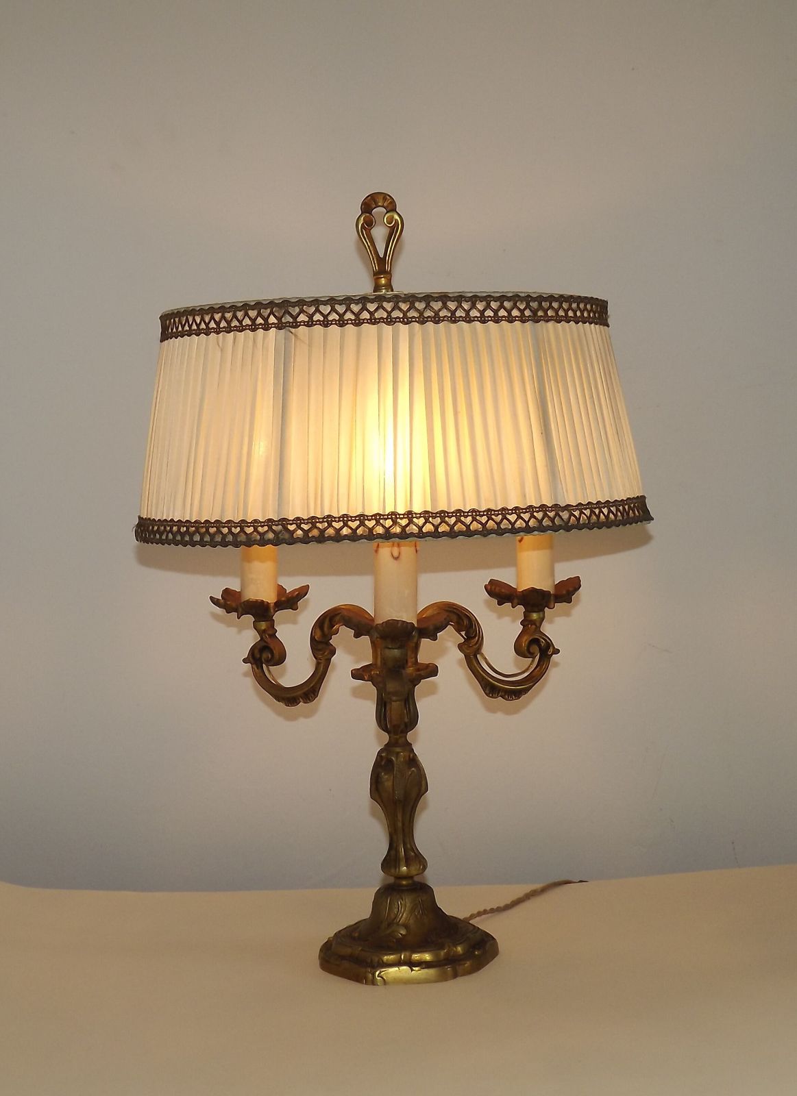Bronze French Antique 3 Light Candelabra Lamp Cream Braided Pleated Shade photo Lighting