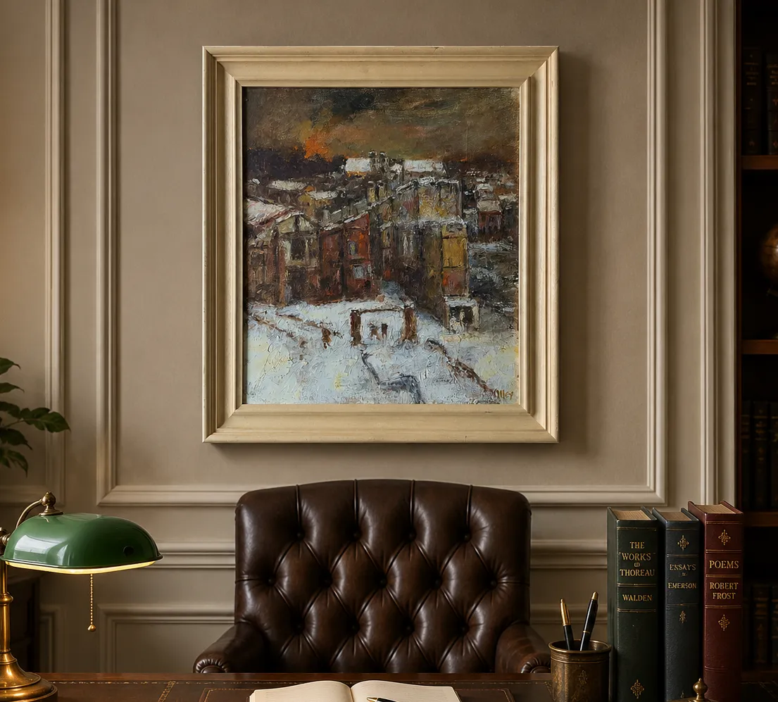 Winter Snow Capped Cityscape Oil Painting By Ronald Olley (British, 1923 2017) photo furniture