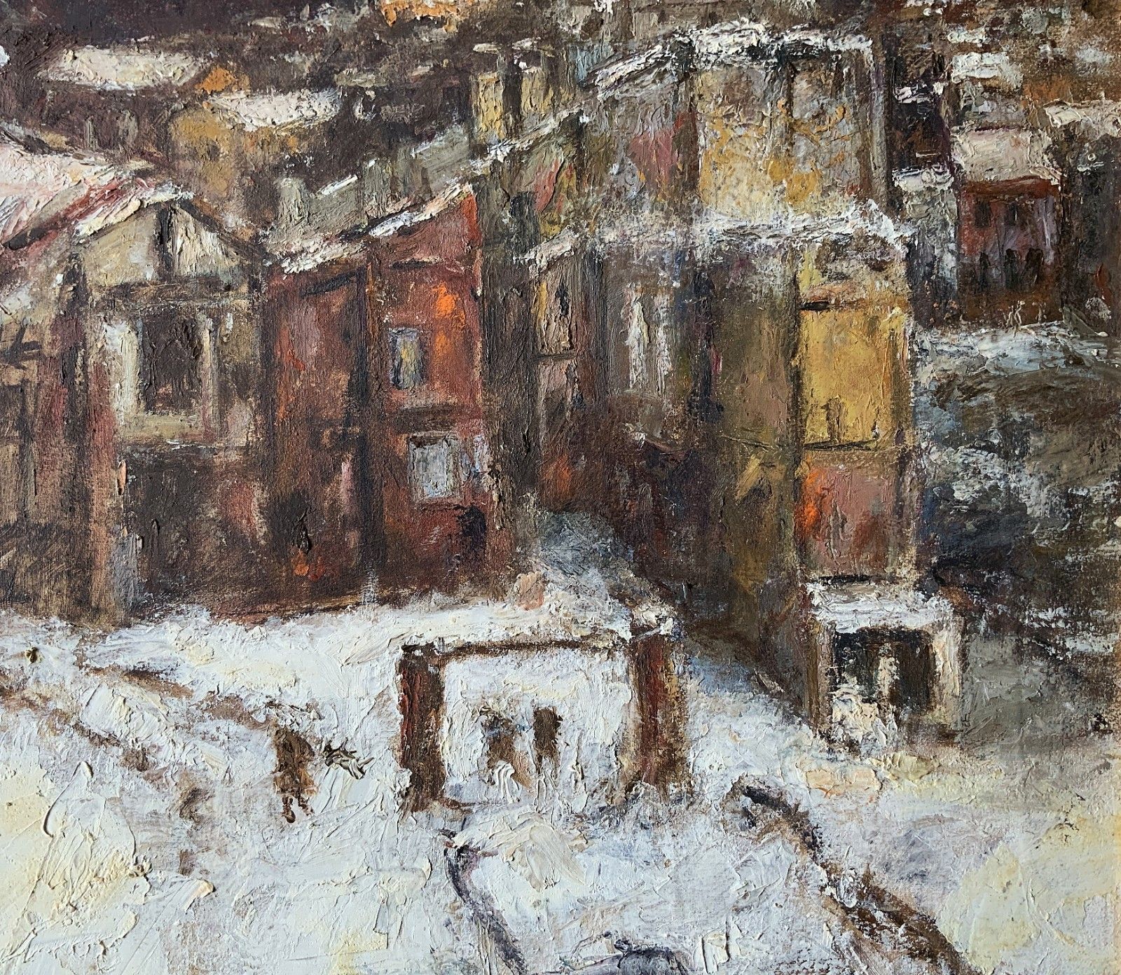 Winter Snow Capped Cityscape Oil Painting By Ronald Olley (British, 1923 2017) photo vinterior