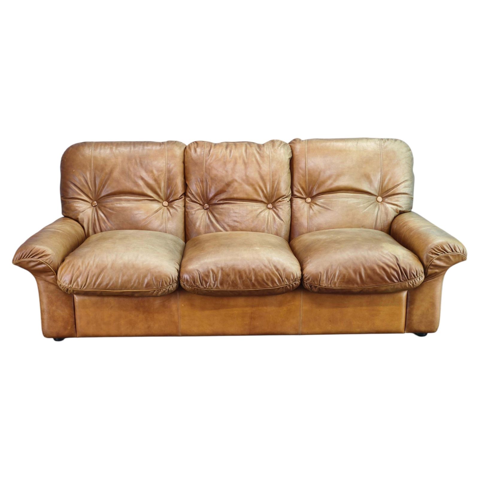 Jaren 1970 Arcon Italia Cognac Buffalo Leren Driezitsbank
