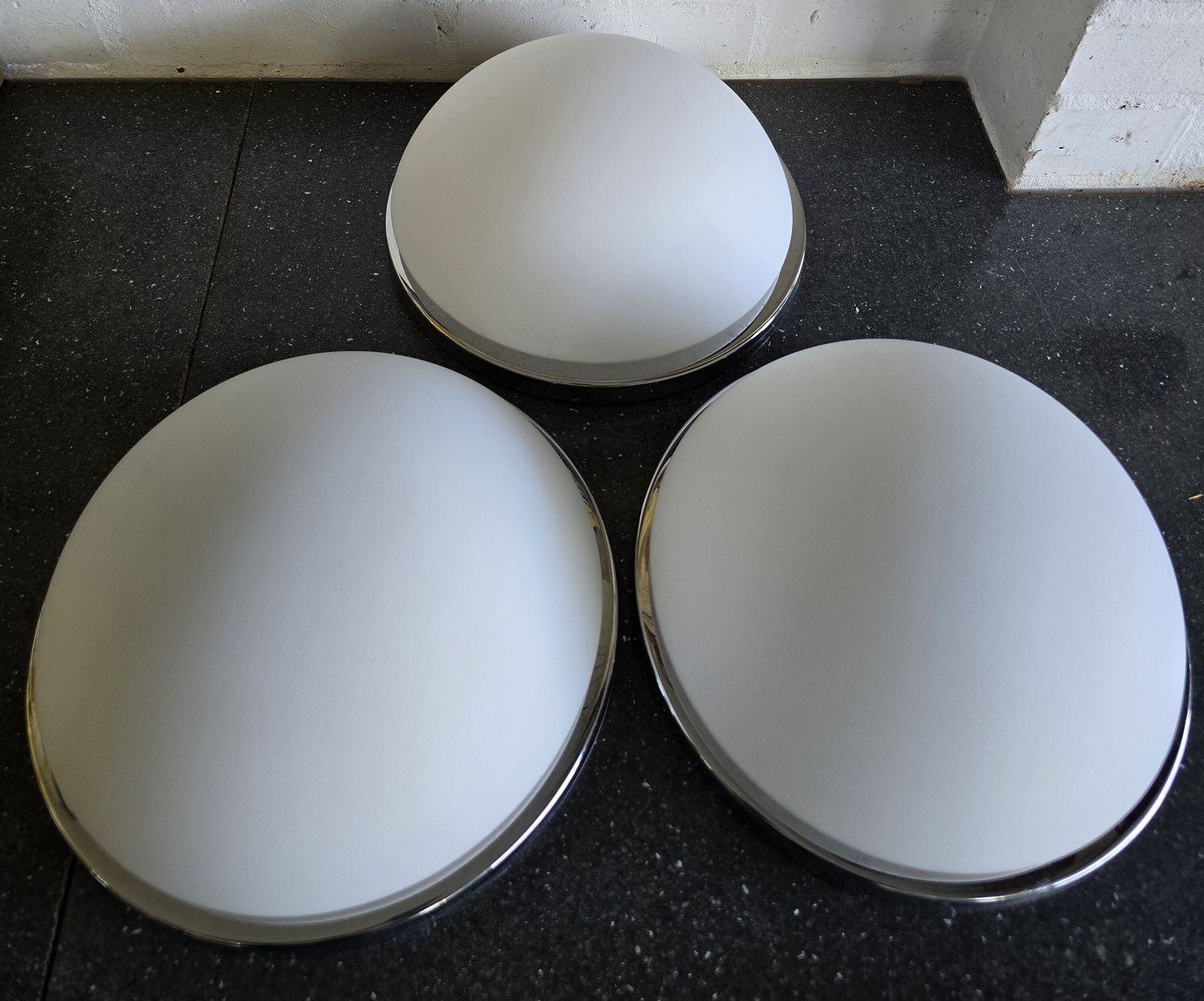 Set Of 3 Chrome And Opaline Glass Wall/Ceiling Lights By Glashütte Limburg, Germany photo Lighting