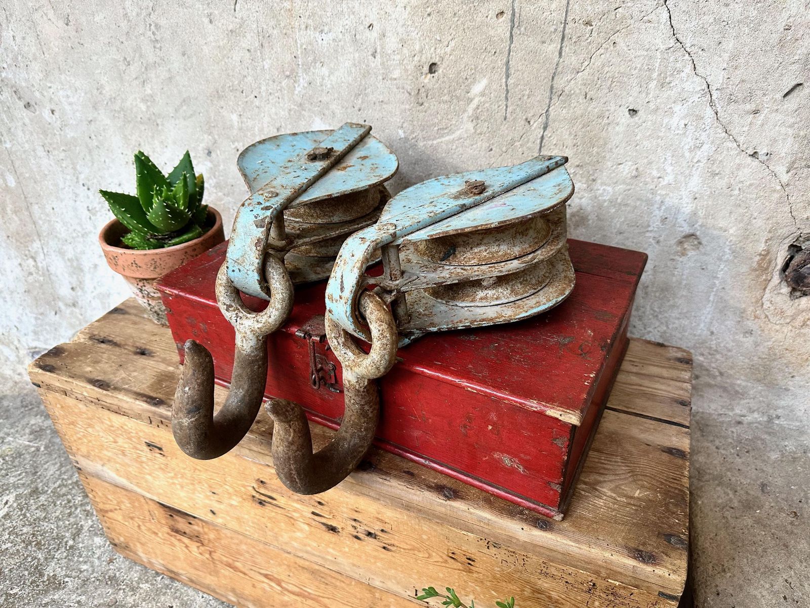 Pair Of Large Vintage Blue Industrial Metal Rope Hook Pulleys photo Home Decor