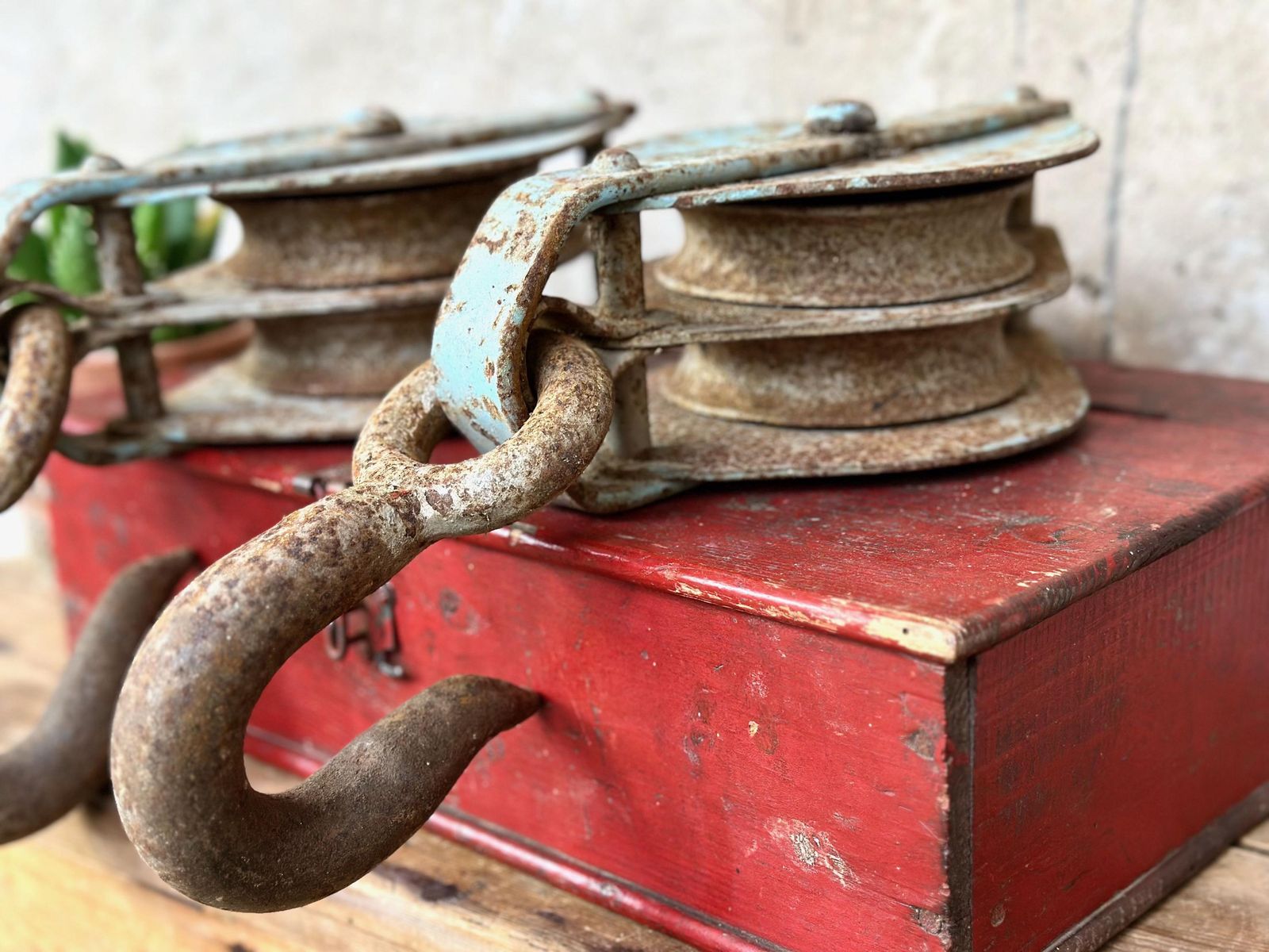 125.0 Pair Of Large Vintage Blue Industrial Metal Rope Hook Pulleys photo