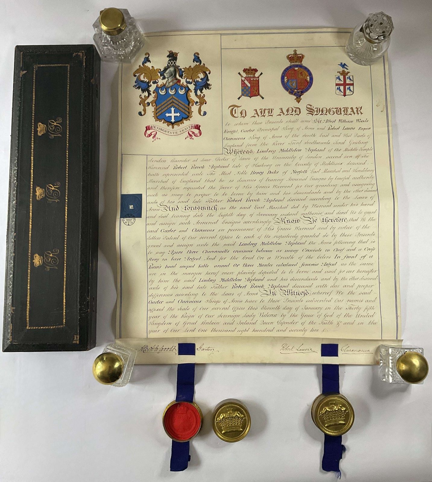 Spectacular 1873 Victorian Grant Of Arms Vellum Scroll – Hand Illuminated With Two Cased Wax Seals