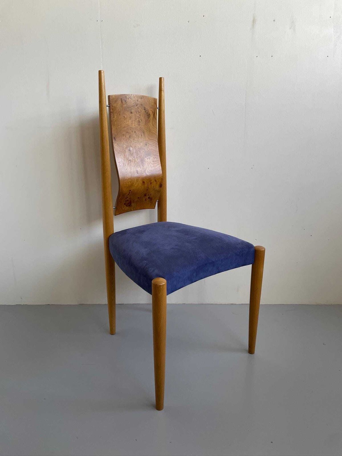 Skylon Accent Chair By Toby Winteringham Blue Seat And Elm Burr Detail