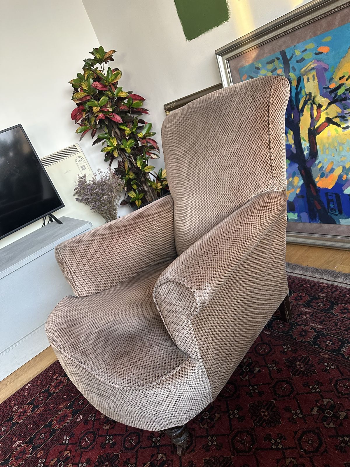 Mid Century Howard Style Country House Armchair With Turned Legs And Scrolled Arms photo for sale