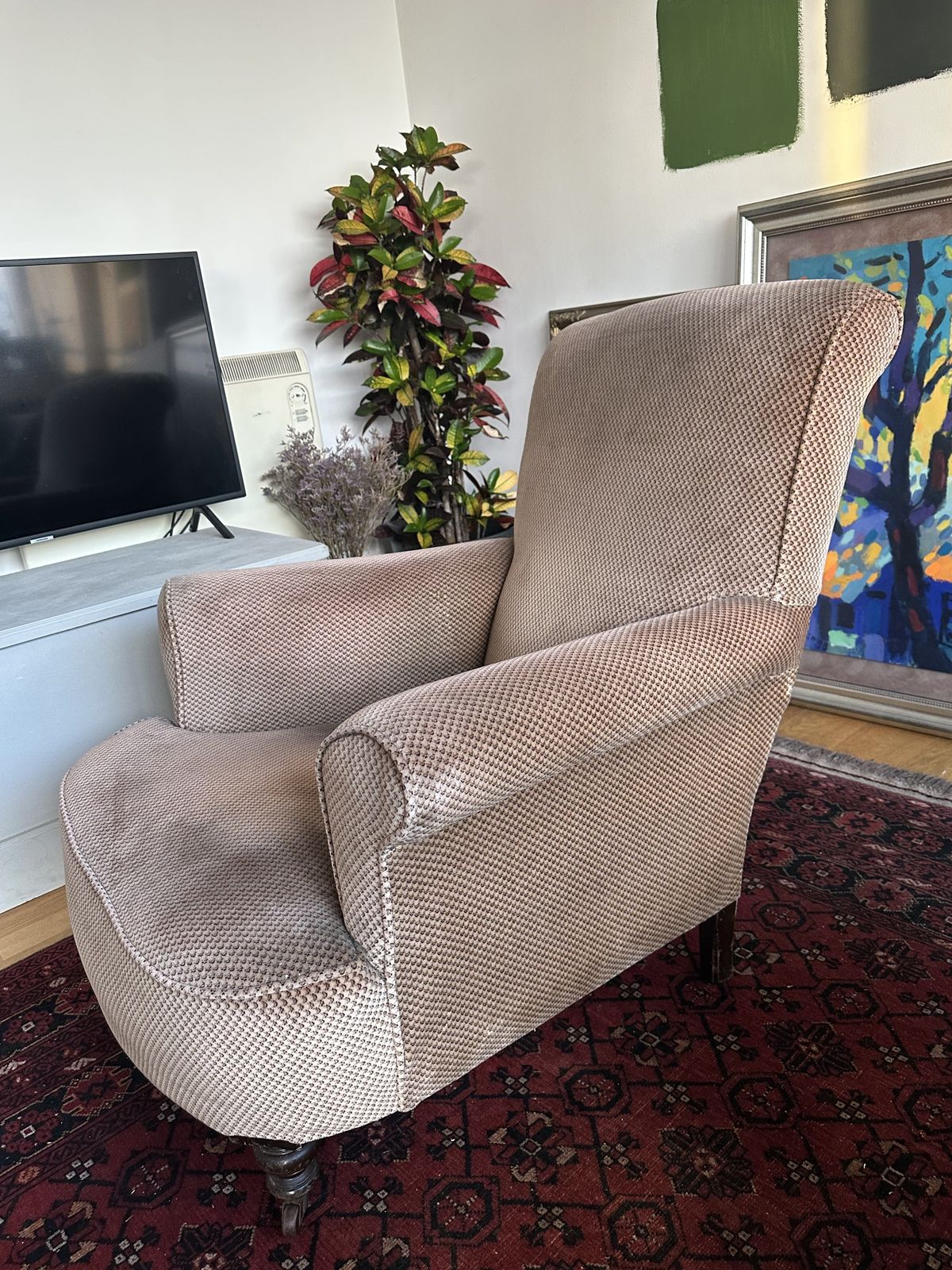 Mid Century Howard Style Country House Armchair With Turned Legs And Scrolled Arms photo vintage