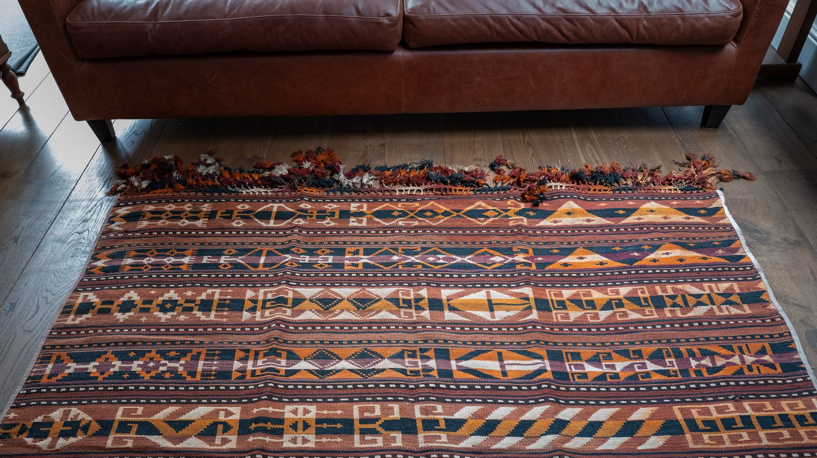 Vintage Handwoven Kilim Rug – Geometric Tribal Stripe Design photo furniture