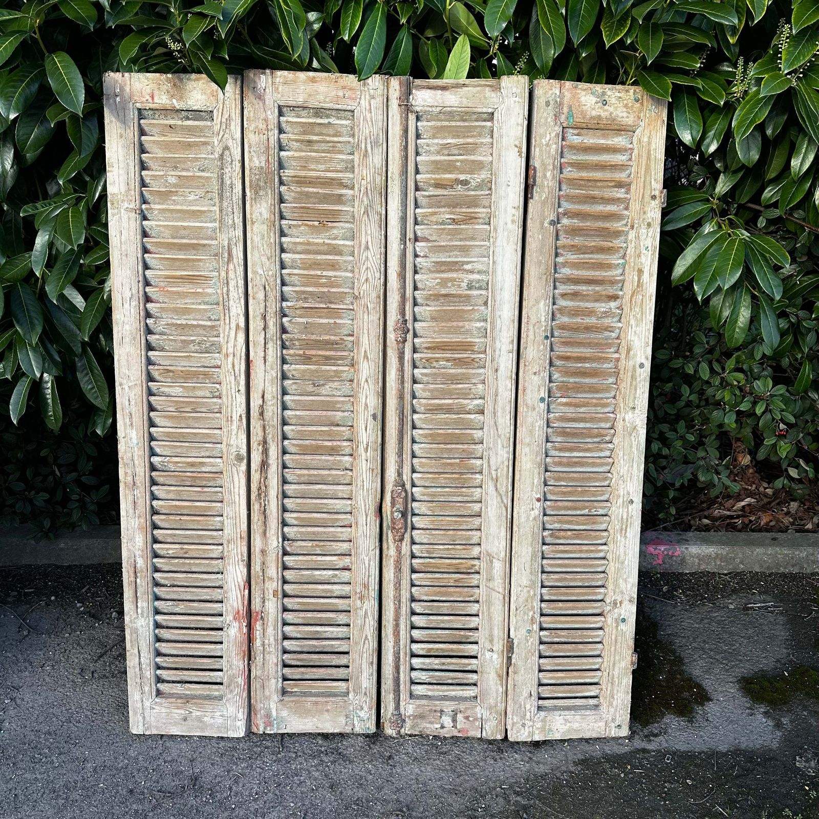 Antique French Louvre Shutters — Weathered Timber Patina & Original Ironmongery | 139cm