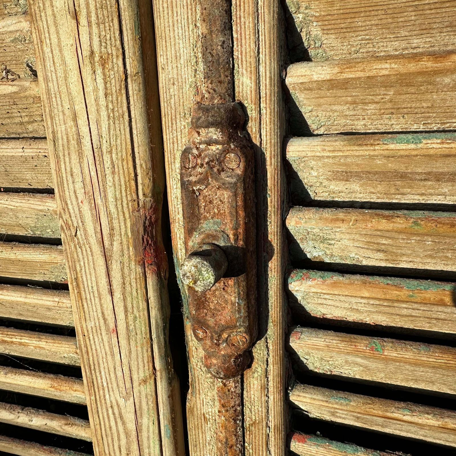 Antique French Louvre Shutters — Weathered Timber Patina & Original Ironmongery | 139cm photo furniture