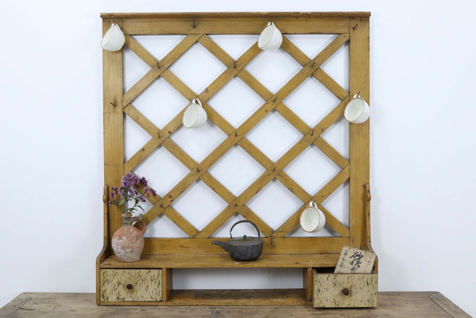 Vintage Wooden Eastern European Scumbled Lattice Wall Organizer