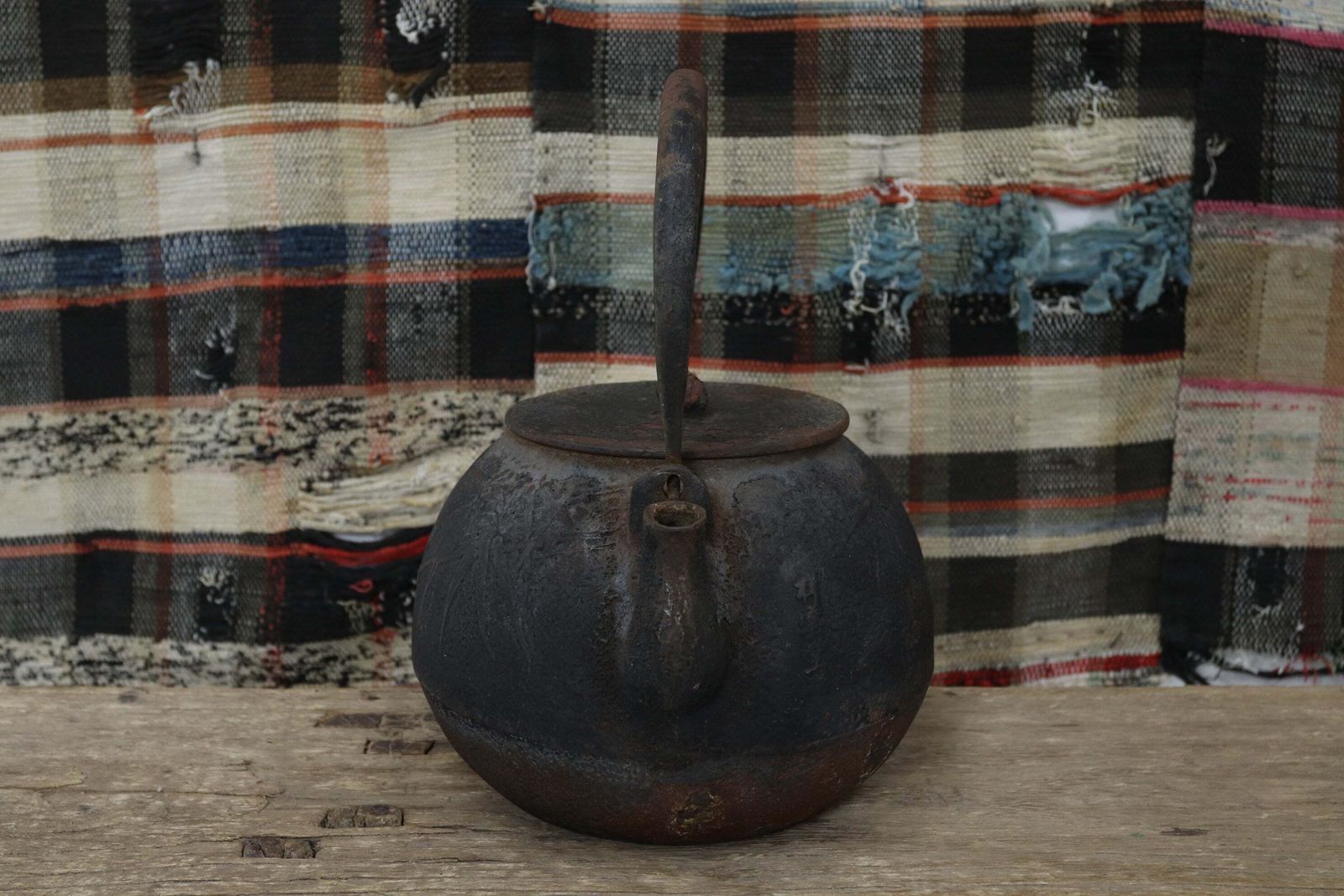 Early Showa Period Japanese Chagama Kettle With Bamboo Illustrations photo for sale