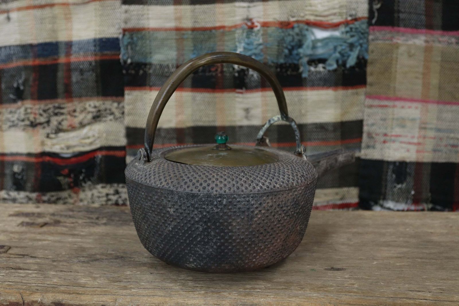 Late Meiji Period Japanese Iron Choshi Sake Kettle With Glass Bead photo for sale