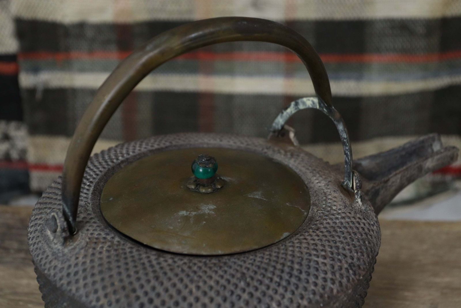 Late Meiji Period Japanese Iron Choshi Sake Kettle With Glass Bead photo vinterior