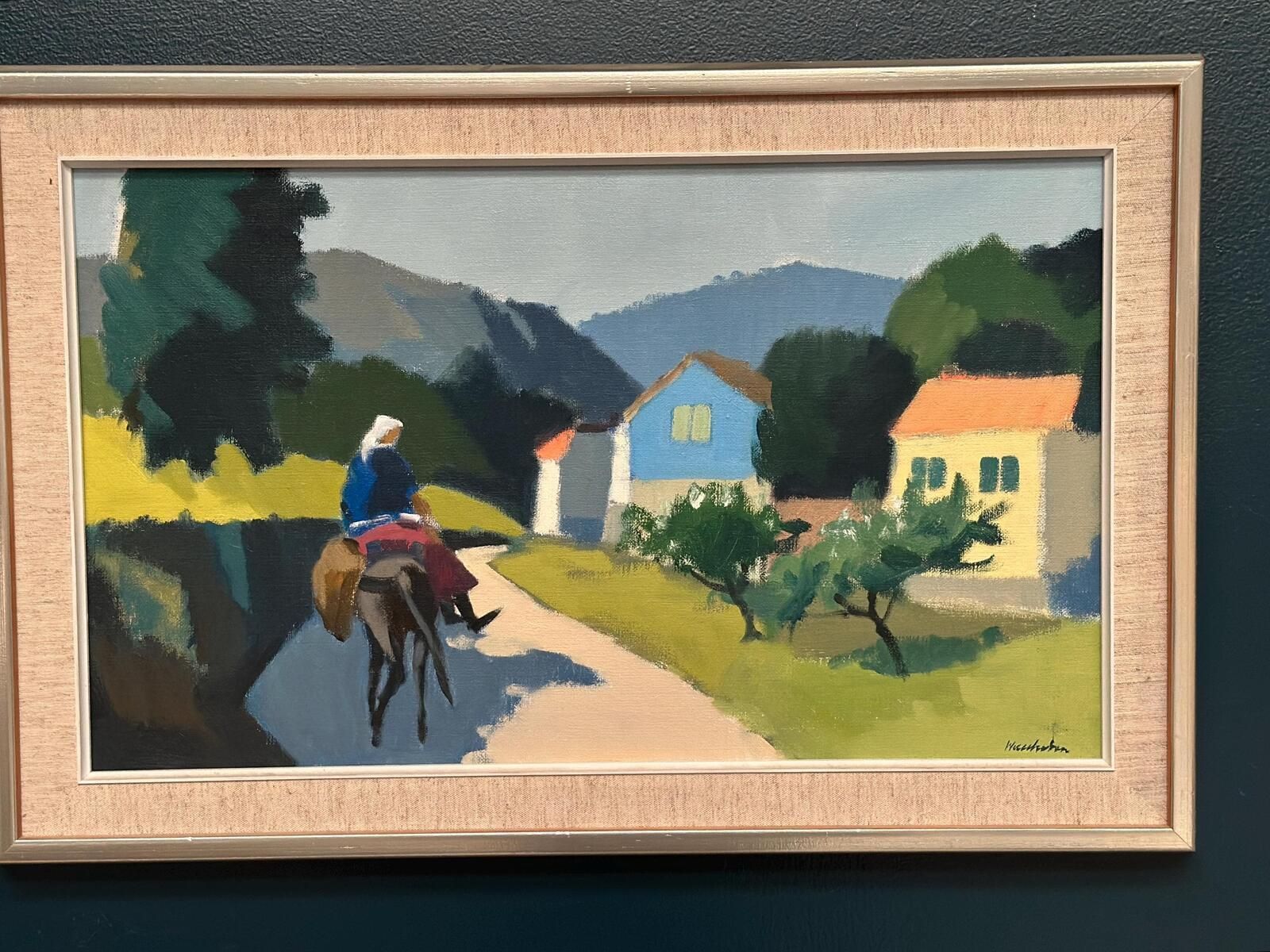 Original Mid Century Swedish Oil On Canvas – “Riders On The Road, Crete” By Stig Wernheden – Vintage &  Framed – 43 × 68 Cm (16.9" × 26.8") photo Art