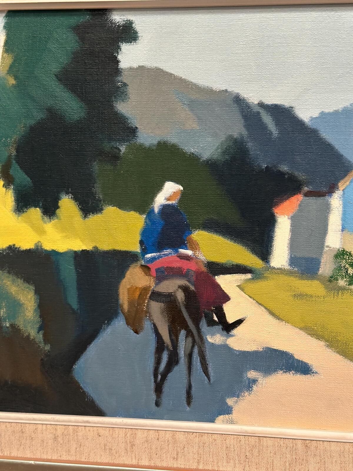 Art Original Mid Century Swedish Oil On Canvas – “Riders On The Road, Crete” By Stig Wernheden – Vintage &  Framed – 43 × 68 Cm (16.9" × 26.8") photo