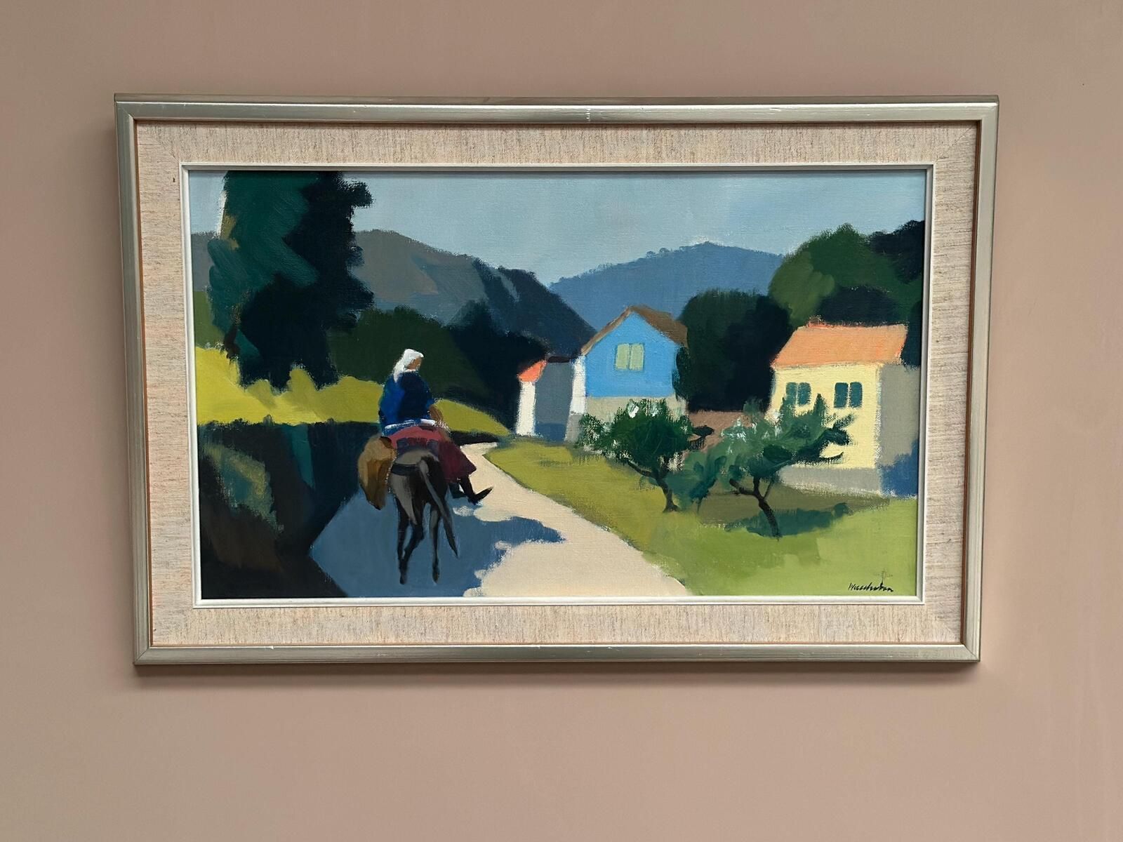 photo buy Original Mid Century Swedish Oil On Canvas – “Riders On The Road, Crete” By Stig Wernheden – Vintage &  Framed – 43 × 68 Cm (16.9" × 26.8")